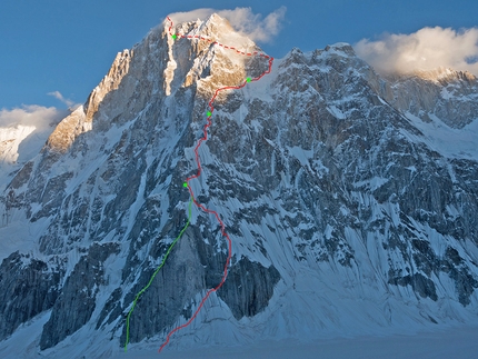 Latok I, Karakorum, Pakistan, Aleš Česen, Luka Stražar, Tom Livingstone - Latok I and, in red, the line climbed by Aleš Česen, Luka Stražar and Tom Livingstone. In green the line of descent