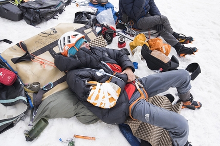 Thagas Valley, Karakorum, Nicolas Favresse, Mathieu Maynadier, Carlitos Molina, Jean-Louis Wertz - Thagas Valley, Karakorum: after a long night of suffering and a long way down to the glacier, finally Mathieu Maynadier back on the ground and the way to recovery.