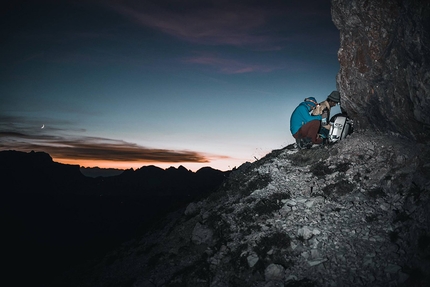 Cima Scotoni, Dolomites, Nicola Tondini, Lorenzo d'Addario - Nicola Tondini and Lorenzo d'Addario at the bivy on the ledge making the first one push free ascent of 'Non abbiate paura... di sognare', Cima Scotoni, Dolomites