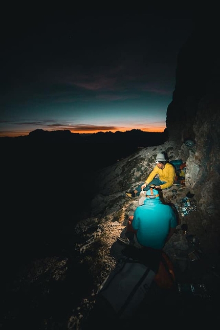 Cima Scotoni, Dolomites, Nicola Tondini, Lorenzo d'Addario - Nicola Tondini and Lorenzo d'Addario at the bivy during the first one push free ascent of 'Non abbiate paura... di sognare', Cima Scotoni, Dolomites