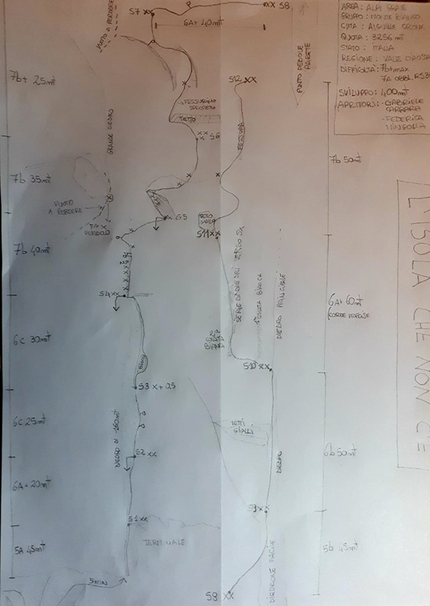 Federica Mingolla, Monte Bianco, Aiguille Croux, Gabriele Carrara - Il disegno di L'isola che non c’è, Aiguille Croux (massiccio del Monte Bianco), la via aperta da Federica Mingolla e Gabriele Carrara nell'estate 2018