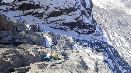 Devils Paw Alaska, Brette Harrington, Gabe Hayden - Gabe Hayden climbing some steep rock in the upper tier of the Devil's Paw West Face, Alaska, climbed with Brette Harrington over two days in September 2018