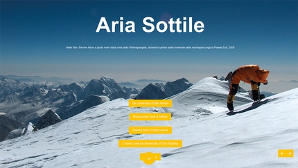 La Sportiva - Thin Air, taken from the book 'La Sportiva 90th, a history of alpinism, passion, innovation'. In the photo, Simone Moro a few metres from the top of Shishapangma, during the first winter ascent along its South Face, 2005.