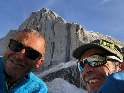 Kiris Peak, Karakorum, Pakistan - Water World Kiris Peak: Maurizio Giordani and Massimo Faletti after the last abseil