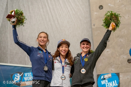 Lead World Cup 2018, Kranj - 2.Janja Garnbret 1. Jain Kim 3. Hannah Schubert, women's podium of the Lead World Cup 2018 at Kranj, Slovenia