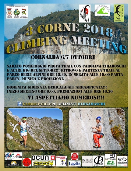 Cornalba 3 Corne Climbing Meeting - Sabato 6 e domenica 7 ottobre 2018 a Cornalba si svolgerà il 16° meeting di arrampicata, la 15a edizione del premio Memorial Bruno Vistalli Boy e il 8° Trofeo Bruno Tassi Camos organizzato dal Gruppo Camosci.