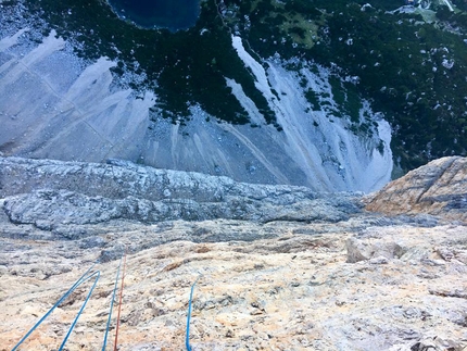 Simon Gietl, Cima Scotoni, Dolomites - Simon Gietl climbing his Can you hear me?, Cima Scotoni, Dolomites
