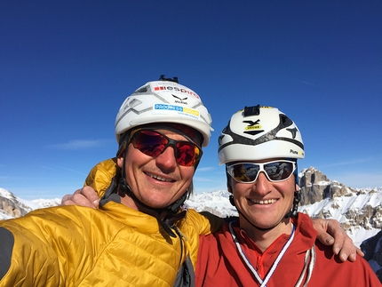 Simon Gietl, Cima Scotoni, Dolomites - Simon Gietl and Gerhard Fiegl during their winter ascent of Waffenlos, Cima Scotoni, Dolomites 02/2015