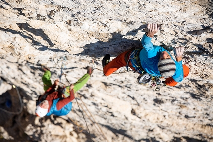 Pale di San Martino, Val Canali, Dolomites, Manolo, Narci Simion - Manolo belayed by Narci Simion on Via Bebe Forever up Tacca Bianca in Val Canali (Pale di San Martino, Dolomites)