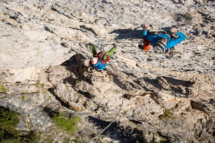 Pale di San Martino, Val Canali, Dolomiti, Manolo, Narci Simion - Manolo e Narci Simion sulla loro Via Bebe Forever alla Tacca Bianca in Val Canali (Pale di San Martino, Dolomiti)