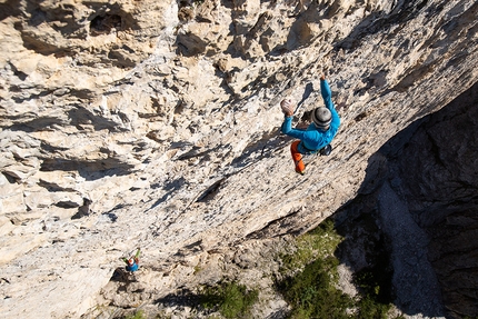 Pale di San Martino, Val Canali, Dolomiti, Manolo, Narci Simion - Manolo e Narci Simion sulla loro Via Bebe Forever alla Tacca Bianca in Val Canali (Pale di San Martino, Dolomiti)