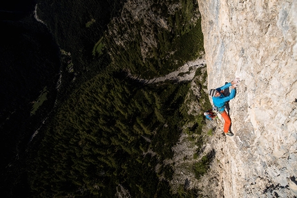 Pale di San Martino, Val Canali, Dolomites, Manolo, Narci Simion - Manolo, belayed by Narci Simion, climbing Via Bebe Forever up Tacca Bianca in Val Canali (Pale di San Martino, Dolomites)