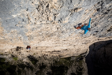 Pale di San Martino, Val Canali, Dolomites, Manolo, Narci Simion - Manolo belayed by Narci Simion climbing Via Bebe Forever up Tacca Bianca in Val Canali (Pale di San Martino, Dolomites)