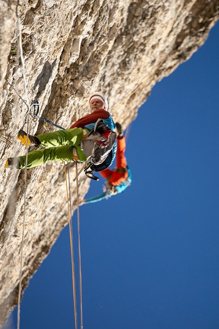 Pale di San Martino, Val Canali, Dolomites, Manolo, Narci Simion - Narci Simion belaying Manolo up Via Bebe Forever up Tacca Bianca in Val Canali (Pale di San Martino, Dolomites)