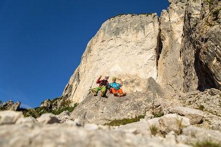 Pale di San Martino, Val Canali, Dolomites, Manolo, Narci Simion - Narci Simion and Manolo in Val Canali, Pale di San Martino, Dolomites. Behind them Tacca Bianca and their climb Via Bebe Forever 