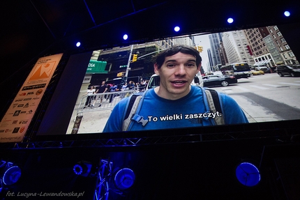 Piolets d'Or 2018, Ladek Zdrój, Poland - Piolets d'Or 2018: Alex Honnold thanking from the screen