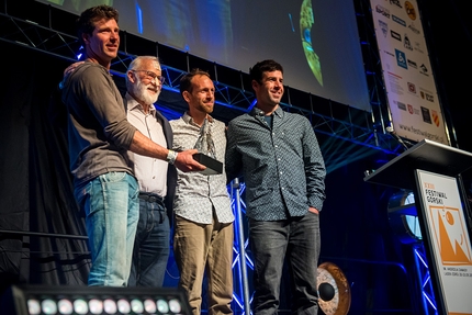 Piolets d'Or 2018, Ladek Zdrój, Poland - Piolets d'Or 2018: Frédéric Degoulet, Benjamin Guigonnet and Hélias Millerioux, alias the Nuptse Team, with Sir Chris Bonington