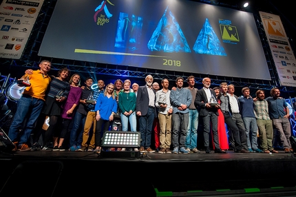 Piolets d'Or 2018, Ladek Zdrój, Poland - Piolets d'Or 2018: all the recipients on stage at Ladek Zdrój in Poland. From left to right: Marek Raganowicz, Chantel Astorga, Anne Gilbert Chase, Kenro Nakajima, Kazuya Hiraide, Kinga Ociepka-Grzegulska, Marek Holeček & daughter, Krzysztof Wielicki, Chris Bonington, Benjamin Guigonnet, Hélias Millerioux, Frédéric Degoulet, Andrej Štremfelj, Marija Štremfelj, Piotr Drożdż, Christian Trommsdorff, Luka Lindič, Sean Villanueva, Nicolas Favresse