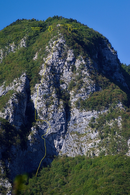 Monte Pubel Valsugana - La Parete del Generale sul Monte Pubel in Valsugana e il tracciato della via La misura del tempo aperta da Jacopo Guderzo, Francesco Leardi, Francesco Moscato, Valerio Ranzato, Denis Tonello.