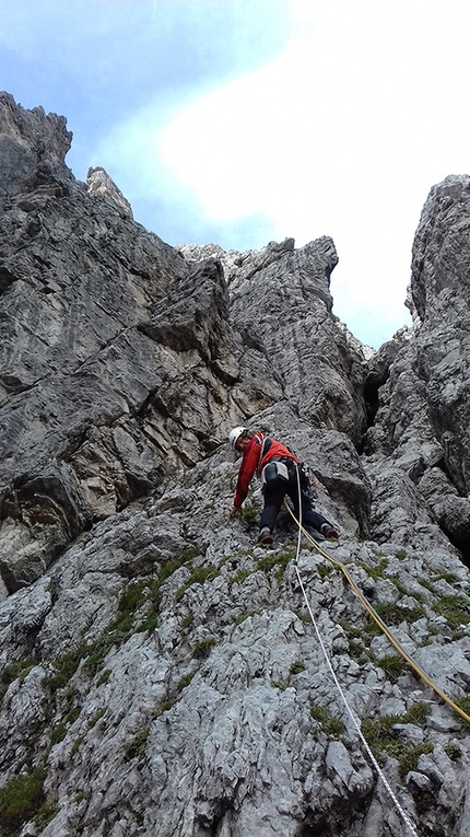 Marmarole, Dolomiti, arrampicata, Ruggero Corà, Diego Trevisan  - Monte Ciareido Ovest: durante la prima salita di Il Sogno di Rino