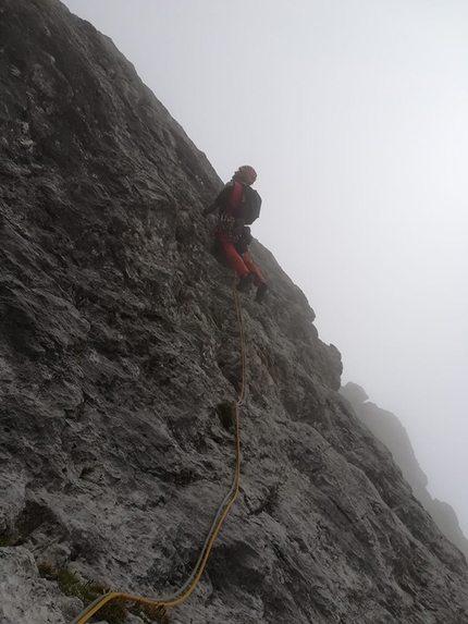 Marmarole, Dolomiti, arrampicata, Ruggero Corà, Diego Trevisan  - Monte Ciareido Ovest: durante la prima salita di Il Sogno di Rino