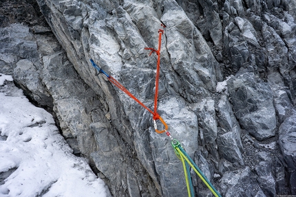 Ortler, Daniel Ladurner, Hannes Lemayr, Aaron Durogati - Ortler NE Face: a belay used by Daniel Ladurner, Hannes Lemayr, Aaron Durogati on their probable new route on 18/10/2018