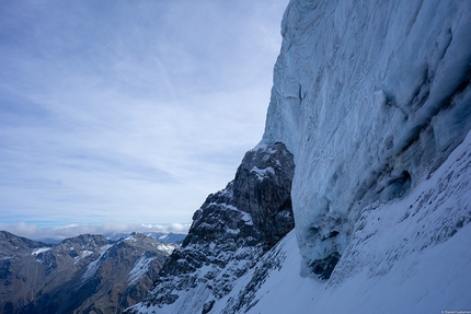 Ortler, Daniel Ladurner, Hannes Lemayr, Aaron Durogati - Ortler NE Face: the serac climbed by Daniel Ladurner, Hannes Lemayr, Aaron Durogati on 18/10/2018