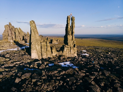 Sundrun Pillars Siberia, Kilian Fischhuber, Robert Leistner, Galya Terenteva - Kilian Fischhuber climbing one of the Sundrun Pillars in Siberia, June 2018.