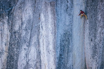 Katharina Saurwein, Jorg Verhoeven, Tainted Love, Squamish, Canada - Jorg Verhoeven edging his way up Tainted Love on The Chief above Squamish, Canada