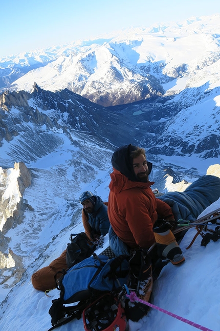 Patagonia El Faro, Cerro San Lorenzo, Martin Elias, François Poncet, Jerome Sullivan - El Faro, Patagonia: François Poncet and Martin Elias at the bivy