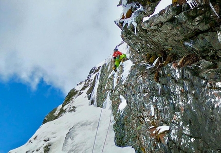 Prijakt, Simon Gietl, Vittorio Messini, Sintflut - Vittorio Messini making the first ascent of Sintflut up Mt Prijakt in Austria with Simon Gietl