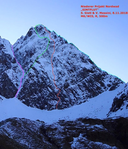 Prijakt, Simon Gietl, Vittorio Messini, Sintflut - Prijakt in Austria and the mixed climb Sintflut (M6/WI5, R, 500m Simon Gietl, Vittorio Messini 08/11/2018). Green: Nordwand (M5, Isidor Poppeller, solo), Violet: Nordrinne (60°, M4) Blue: Westgrat (V)