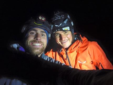 Prijakt, Simon Gietl, Vittorio Messini, Sintflut - Vittorio Messini and Simon Gietl on the summit of Prijakt after the first ascent of Sintflut on 08/11/2018