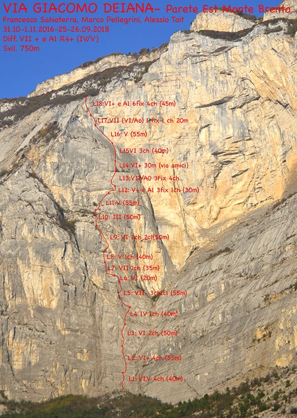 Monte Brento, Valle del Sarca, Marco Pellegrini, Francesco Salvaterra, Alessio Tait - Il tracciato della Via Giacomo Deiana, Monte Brento, Valle del Sarca (Marco Pellegrini, Francesco Salvaterra, Alessio Tait)