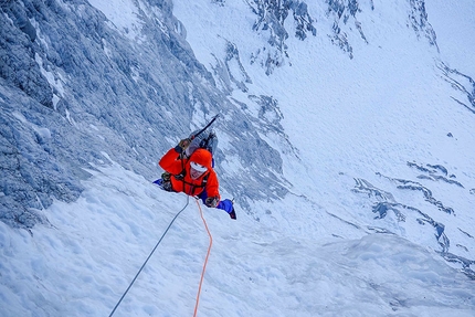 Mount MacDonald, Canada, Chris Wright, Graham Zimmerman - Chris Wright seconding the ice crux of The Indirect American, North Face of Mount MacDonald, Canada