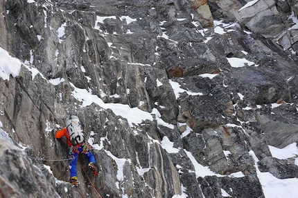 Mount MacDonald, Canada, Chris Wright, Graham Zimmerman - Chris Wright leading the mixed crux of The Indirect American, North Face of Mount MacDonald, Canada