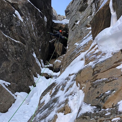 A Peak, Cabinet Mountains, Jess Roskelley, Scott Coldiron - Jess Roskelley and Scott Coldiron making the first ascent of the Central Couloir up A Peak, Cabinet Mountains, USA