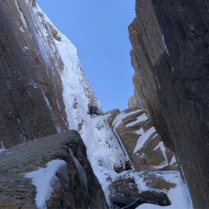 A Peak, Cabinet Mountains, Jess Roskelley, Scott Coldiron - Jess Roskelley and Scott Coldiron making the first ascent of the Central Couloir up A Peak, Cabinet Mountains, USA