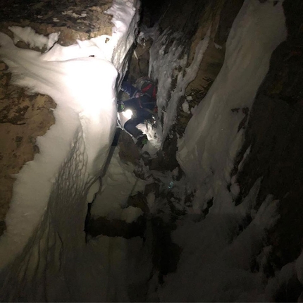 A Peak, Cabinet Mountains, Jess Roskelley, Scott Coldiron - Jess Roskelley and Scott Coldiron making the first ascent of the Central Couloir up A Peak, Cabinet Mountains, USA