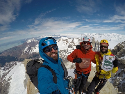 Supercanaleta, Fitz Roy, Patagonia, Michele Colturi, Federico Martinelli, Federico Secchi - Federico Martinelli, Federico Secchi and Michele Colturi on the summit of Fitz Roy in Patagonia after having climbed Supercanaleta (11/2018)
