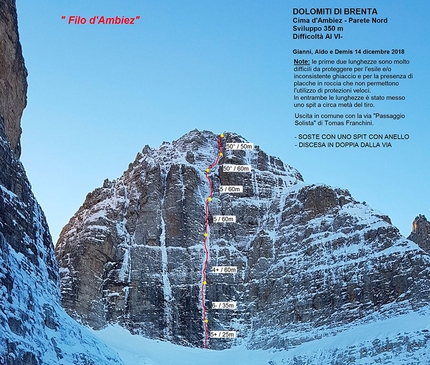 Dolomiti di Brenta, Cima d'Ambiez, Gianni Canale, Demis Lorenzi, Aldo Mazzotti - Filo d'Ambiez sulla Cima d'Ambiez in Dolomiti di Brenta (Gianni Canale, Demis Lorenzi, Aldo Mazzotti 14/12/2018)