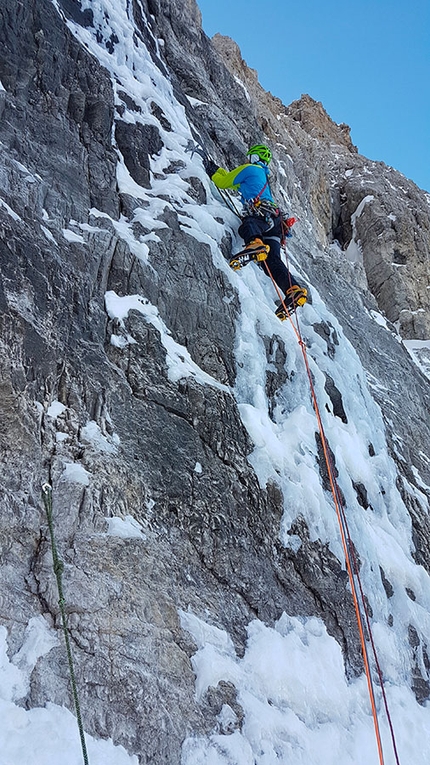 Brenta Dolomites, Cima d'Ambiez, Gianni Canale, Demis Lorenzi, Aldo Mazzotti - Cima d'Ambiez Brenta Dolomites: Demis Lorenzi establishing pitch 1 of Filo d'Ambiez