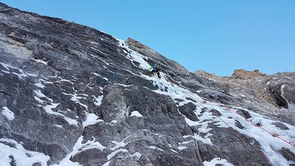 Brenta Dolomites, Cima d'Ambiez, Gianni Canale, Demis Lorenzi, Aldo Mazzotti - Cima d'Ambiez Brenta Dolomites: Demis Lorenzi establishing pitch 1 of Filo d'Ambiez