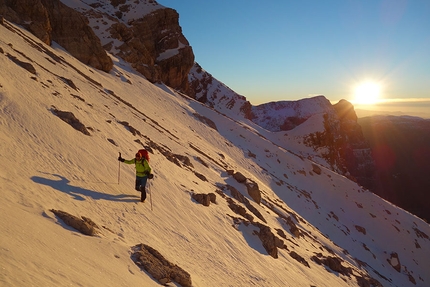 Cima Brenta, Brenta Dolomites, Alessandro Beber, Matteo Faletti - CRAM Cima Brenta: Simone Banal approaching the mountain