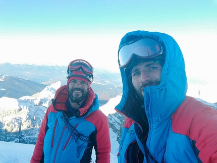 Cima Brenta, Brenta Dolomites, Alessandro Beber, Matteo Faletti - Matteo Faletti and Alessandro Beber while making the first ascent of CRAM up Cima Brenta (Brenta Dolomites)