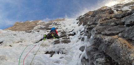 Cima Brenta, Brenta Dolomites, Alessandro Beber, Matteo Faletti - Alessandro Beber establishing pitch 9 of CRAM up Cima Brenta (Brenta Dolomites)