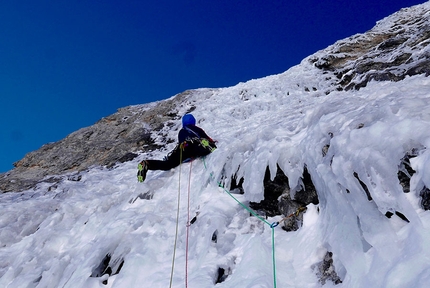 Cima Brenta, Brenta Dolomites, Alessandro Beber, Matteo Faletti - Alessandro Beber climbing pitch 11 of CRAM up Cima Brenta (Brenta Dolomites) 