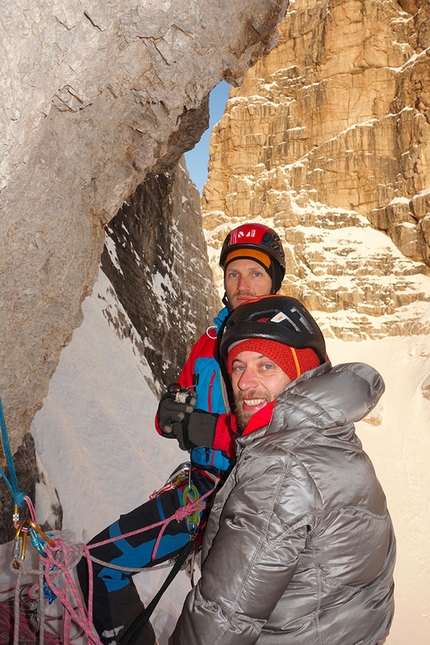 Dolomiti di Brenta, Cima Brenta, Simone Banal, Fabrizio Dellai, Marco Zanni - Tigersoft, Cima Brenta, Dolomiti di Brenta: durante la prima salita (Simone Banal, Fabrizio Dellai, Marco Zanni)