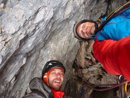 Dolomiti di Brenta, Cima Brenta, Simone Banal, Fabrizio Dellai, Marco Zanni - Tigersoft, Cima Brenta, Dolomiti di Brenta: durante la prima salita (Simone Banal, Fabrizio Dellai, Marco Zanni)