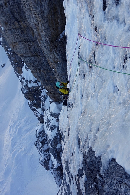 Cima Tosa, Brenta Dolomites, Ines Papert, Luka Lindič - Ines Papert seconding Luka Lindič during the first repeat of Selvaggia sorte, Cima Tosa (Brenta Dolomites)